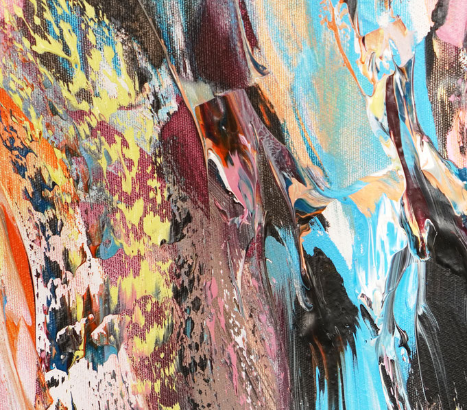 Detail des abstrakten Gemäldes. Rot buntes, detailliertes Acrylbild auf Leinwand 