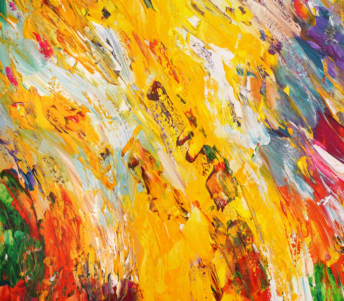 Detail des abstrakten Gemäldes. Rot buntes, detailliertes Acrylbild auf Leinwand 