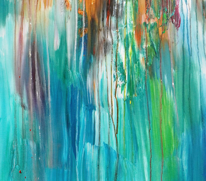 Detail des abstrakten Gemäldes. Rot buntes, detailliertes Acrylbild auf Leinwand 