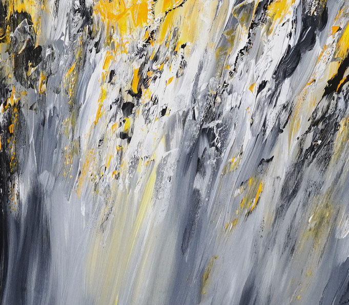 Detail des abstrakten Gemäldes. Gelb graues, detailliertes Acrylbild auf Leinwand 