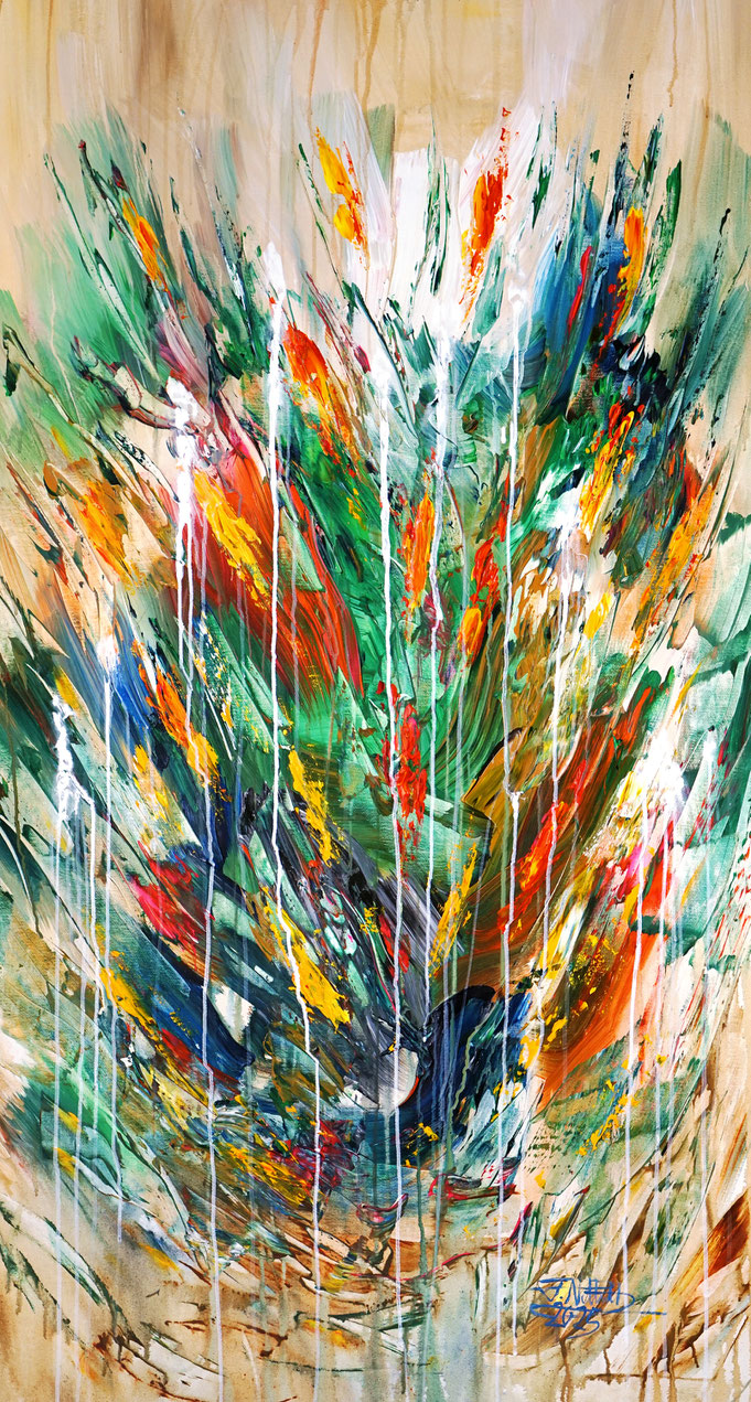 gelb buntes Blumengemälde des Kunstmalers Peter Nottrott im Hochformat 7ß x 50