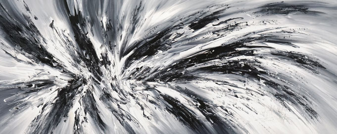 Abstraktes schwarz - weißes Gemälde. Original in Acrylfarben auf Leinwand im großen Panoramaformat Im shop des Kunstmalers Peter Nottrott. 