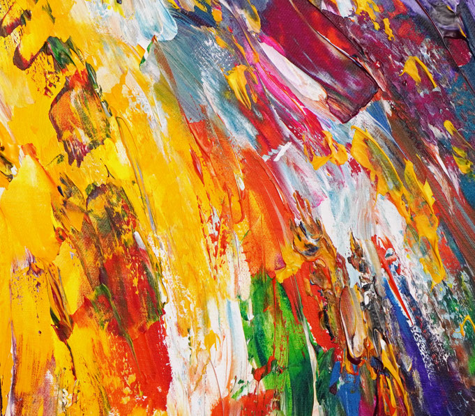 Detail des abstrakten Gemäldes. Rot buntes, detailliertes Acrylbild auf Leinwand 