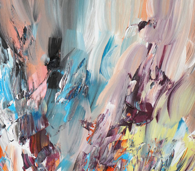 Detail des abstrakten Gemäldes. Rot buntes, detailliertes Acrylbild auf Leinwand 