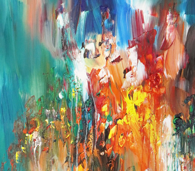 Detail des abstrakten Gemäldes. Rot buntes, detailliertes Acrylbild auf Leinwand 
