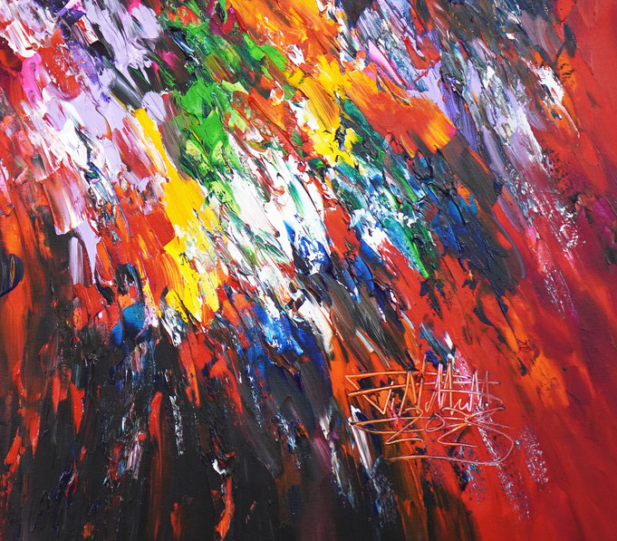 Detail des abstrakten, rot bunten Gemälde im Großformat