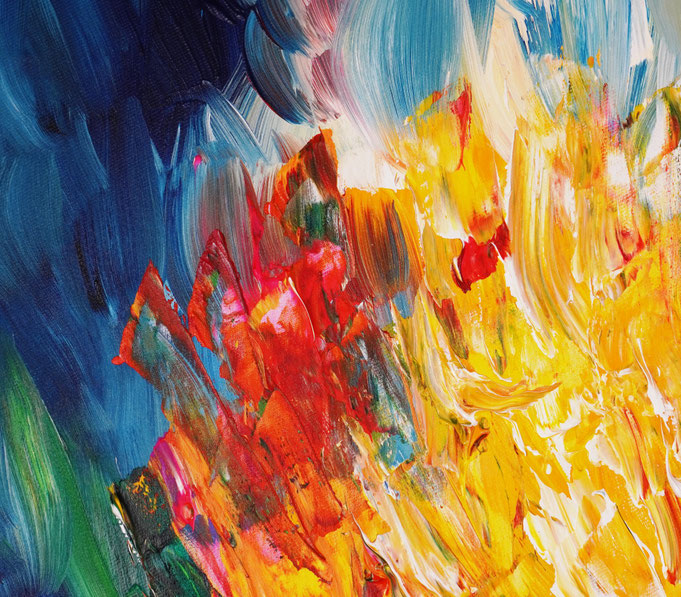 Detail des abstrakten Gemäldes. Rot buntes, detailliertes Acrylbild auf Leinwand 