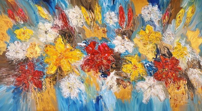 gelb buntes Blumengemälde des Kunstmalers Peter Nottrott im Hochformat 7ß x 50