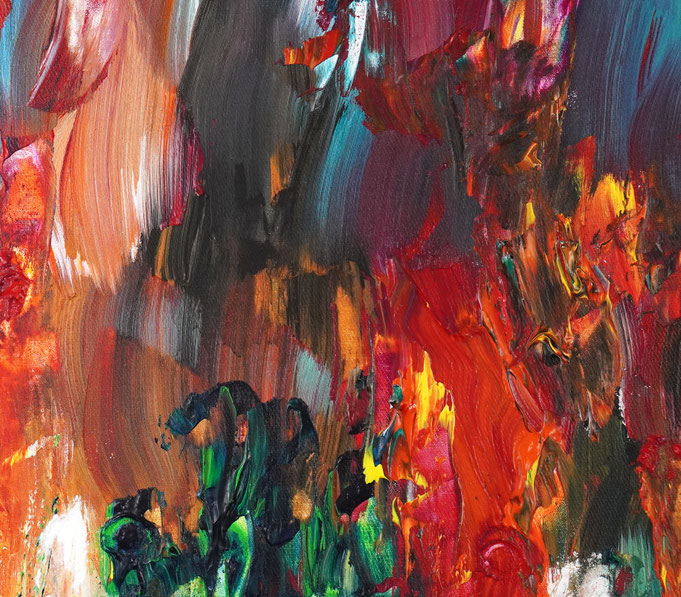 Detail des abstrakten Gemäldes. Rot buntes, detailliertes Acrylbild auf Leinwand 