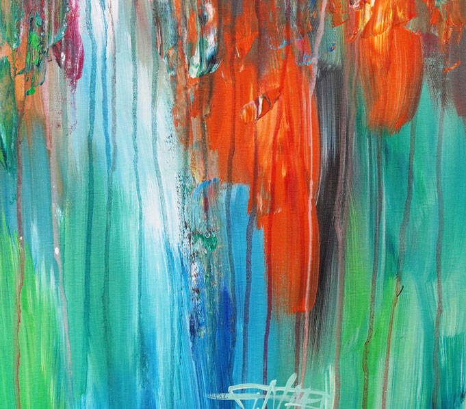 Detail des abstrakten Gemäldes. Rot buntes, detailliertes Acrylbild auf Leinwand 