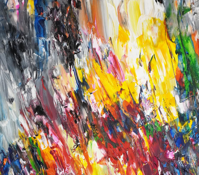 Detailfoto des abstrakten, vielfarbigen Gemäldes A Special Day L 6 im Hochformat von dem Kunstmaler Peter Nottrott
