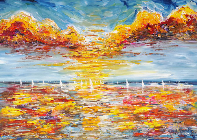 maritimes Gemälde, Segelboot, blau, moderne Kunst,  fertig auf einen Keilrahmen gespannt.