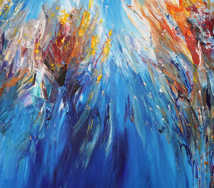 Detail des abstrakten, lebhaften Gemäldes im Großformat, Acryl auf 3,6 qm Leinwand