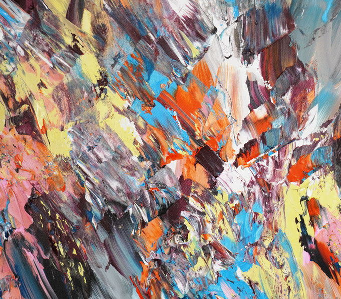 Detail des abstrakten Gemäldes. Rot buntes, detailliertes Acrylbild auf Leinwand 