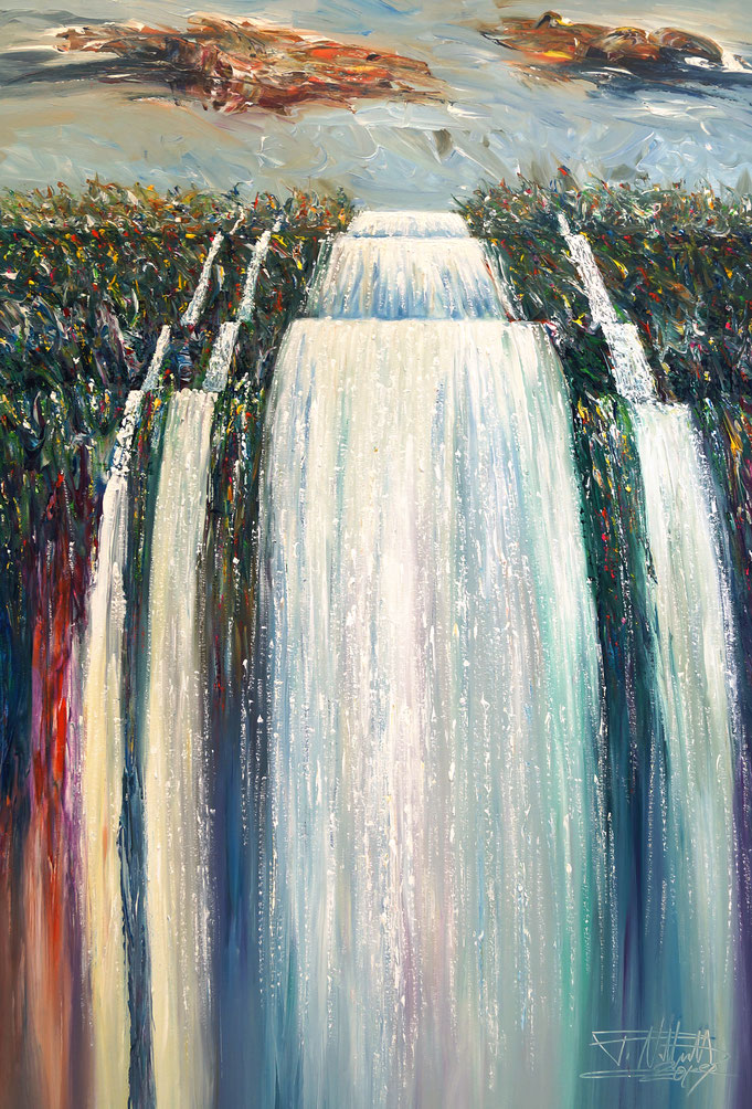 abstrahiertes Gemälde, Wasserfall, blau bunt, moderne Kunst, 