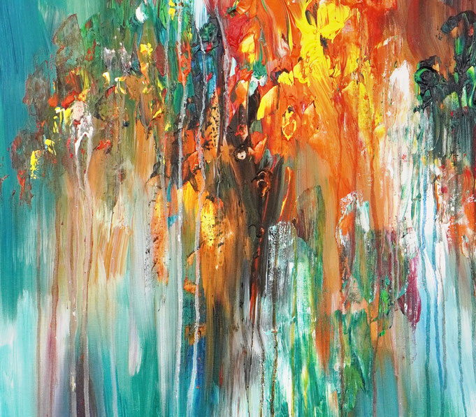 Detail des abstrakten Gemäldes. Rot buntes, detailliertes Acrylbild auf Leinwand 