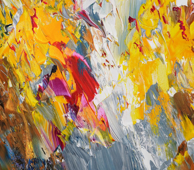 Detail des abstrakten Gemäldes. Rot buntes, detailliertes Acrylbild auf Leinwand 