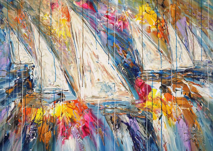 maritimes Gemälde, Segelboot, blau, moderne Kunst,  fertig auf einen Keilrahmen gespannt.