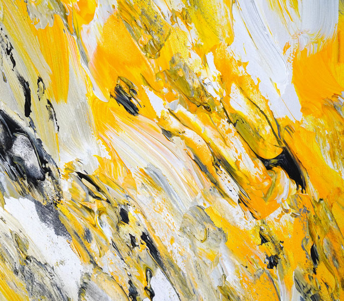 Detail des abstrakten Gemäldes. Gelb graues, detailliertes Acrylbild auf Leinwand 