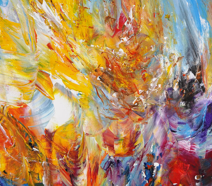 Detail des abstrakten, lebhaften Gemäldes im Großformat, Acryl auf 3,6 qm Leinwand