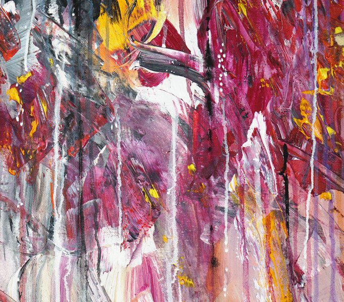 Detail des abstrakten Gemäldes. Rot buntes, detailliertes Acrylbild auf Leinwand 