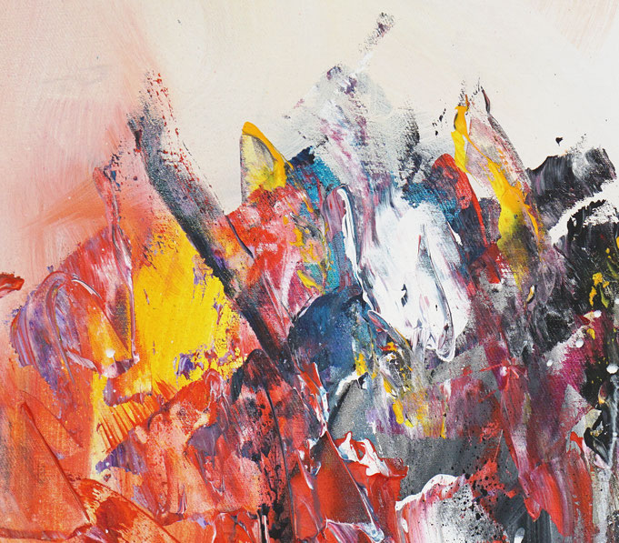 Detail des abstrakten Gemäldes. Rot buntes, detailliertes Acrylbild auf Leinwand 