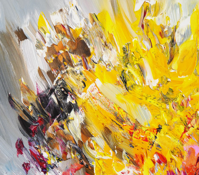 Detail des abstrakten Gemäldes. Rot buntes, detailliertes Acrylbild auf Leinwand 