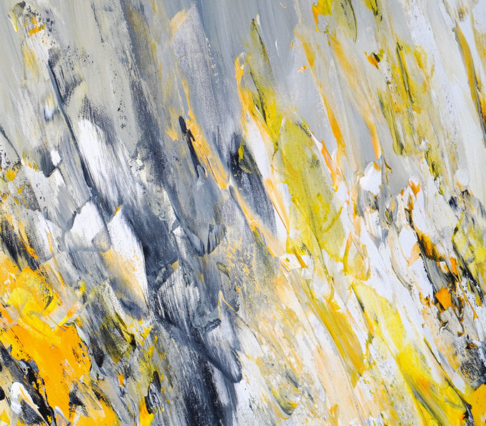 Detail des abstrakten Gemäldes. Gelb graues, detailliertes Acrylbild auf Leinwand 