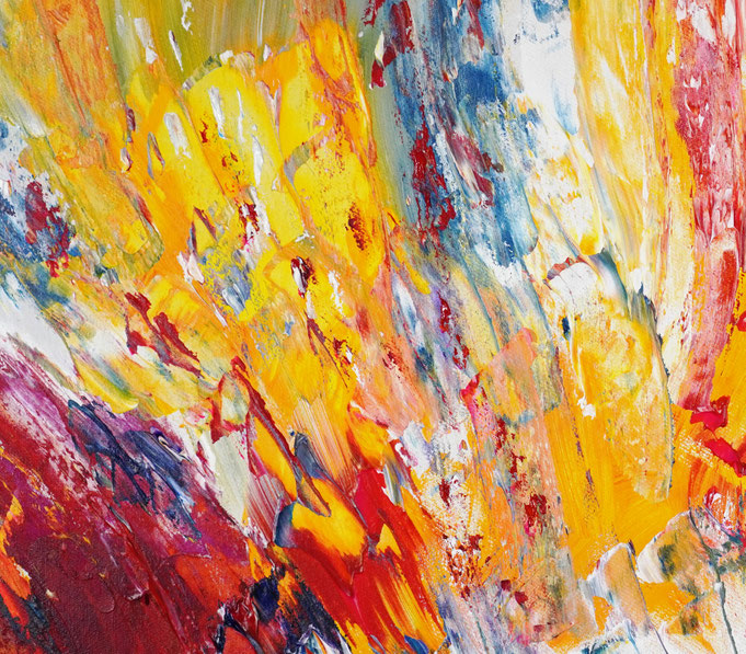Detail des abstrakten Gemäldes. Rot buntes, detailliertes Acrylbild auf Leinwand 