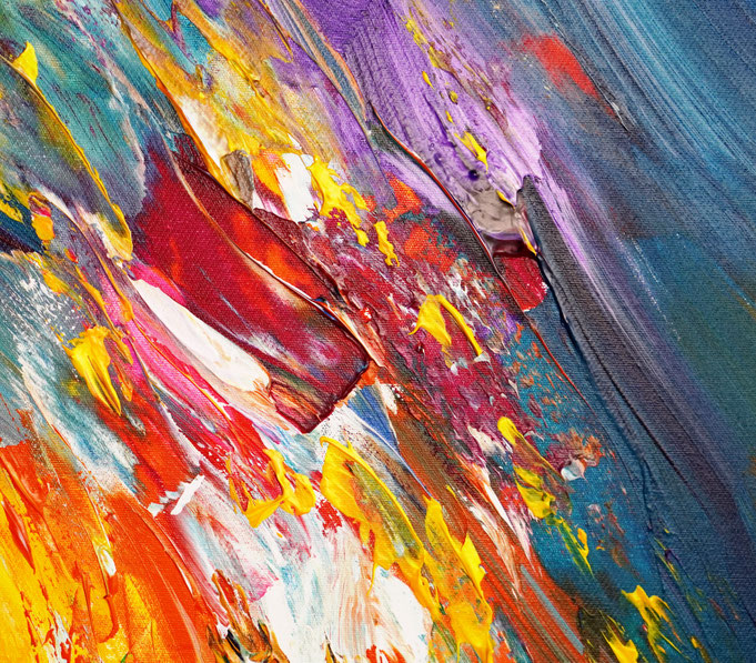 Detail des abstrakten Gemäldes. Rot buntes, detailliertes Acrylbild auf Leinwand 