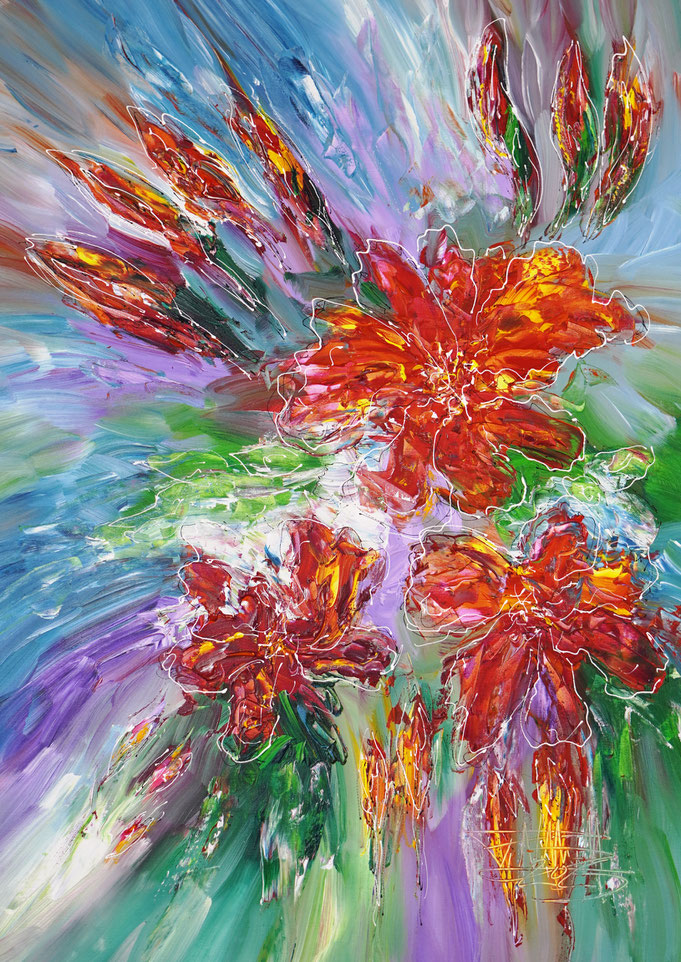 gelb buntes Blumengemälde des Kunstmalers Peter Nottrott im Hochformat 7ß x 50