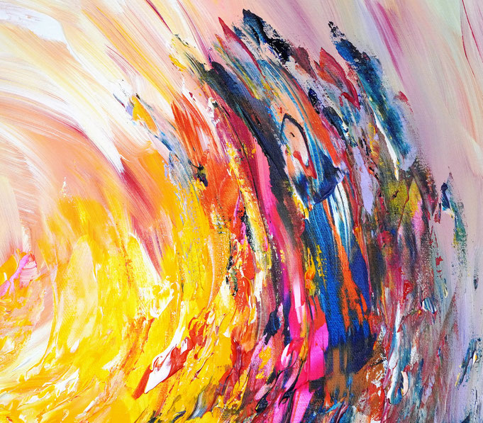 Detailfoto des abstrakten, blau bunten Gemäldes im Hochformat von dem Kunstmaler Peter Nottrott
