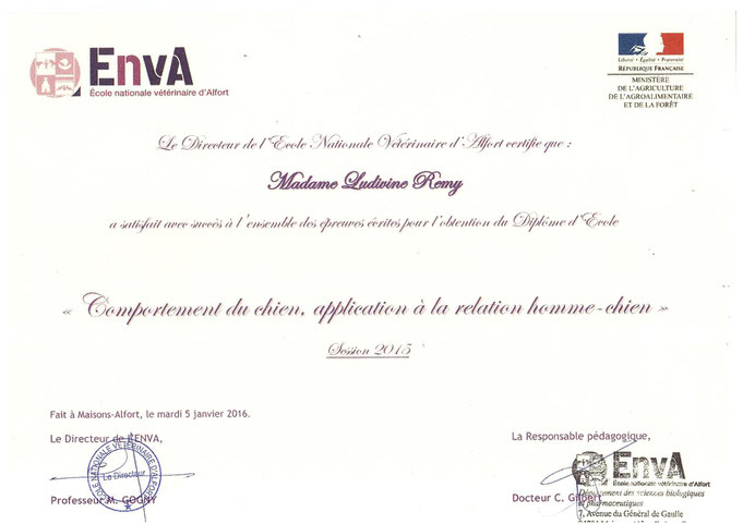 2015 Diplôme d'Ecole "Comportement du chien, application à la relation homme chien"( Ecole Vétérinaire de Maison Alfort)