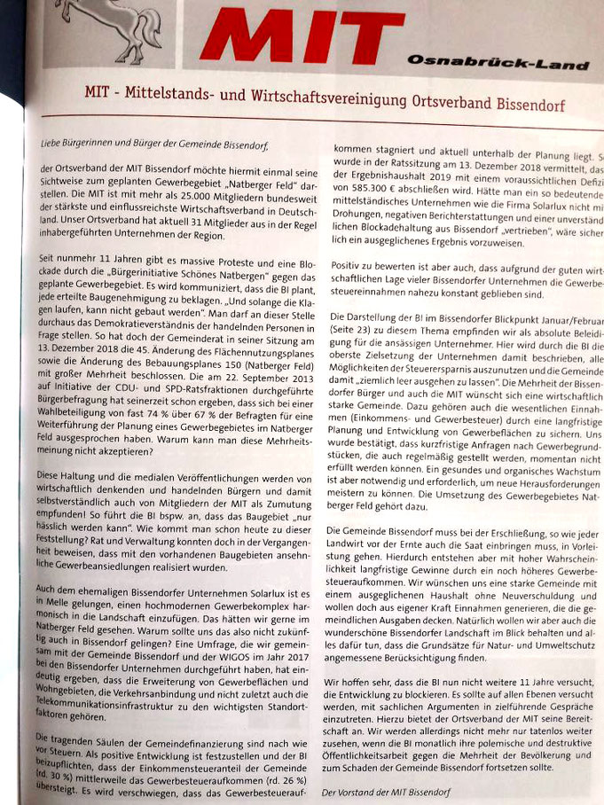 Artikel der MIT im Bissendorfer Blickpunkt vom April 2019
