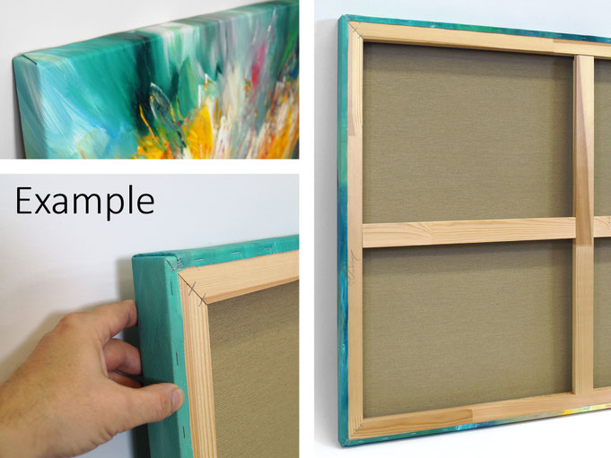 Beispielhafte Rückseite: die Leinwand ist auf 3,8 cm Galeriekeilrahmen aufgespannt und rückseitig getackert.