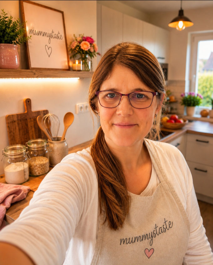 Foodbloggerin von mummystaste in einer hellen, modernen Küche bei der Zubereitung von hausgemachten Rezepten
