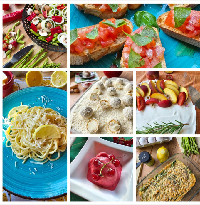 Collage mit Sommerrezepten wie Spargelgratin, Bruschetta, Pasta al Limone, Johannisbeersorbet, Raffaellotiramisu und Sommerkuchen