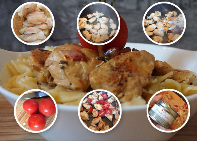 Nudeln mit mediterraner Pfifferling-Haehnchen-Sahne-Sauce