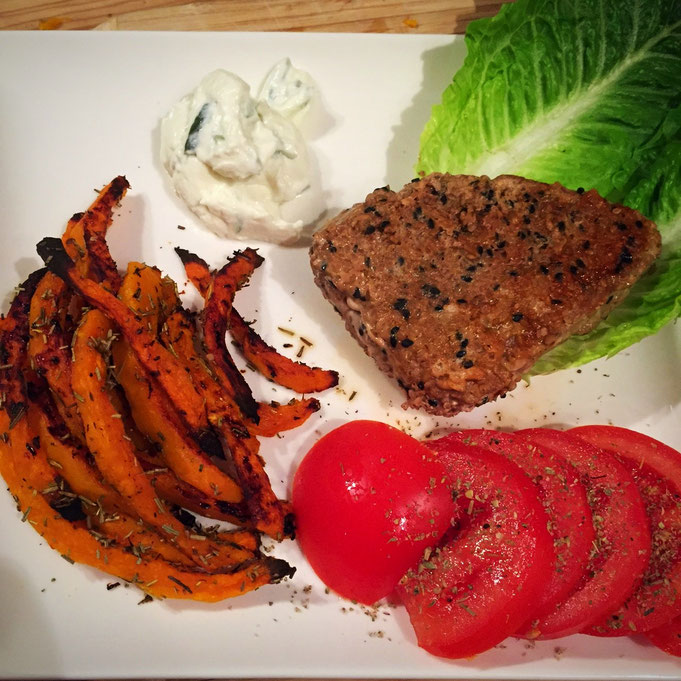 Low Carb Rezept Thunfisch an Kuerbis Pommes mit 400 kcal