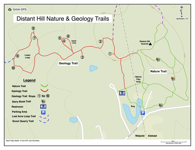 A map of the trail network at Distant Hill including the Distant Hill Nature Trail, and Distant Hill Geology Trail.