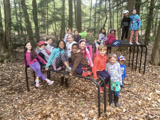17 children playing on the "jungle gyms" in the White Rock Wood nature play area of Distant Hill Nature Trail.