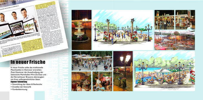 Layout, Farbige Zeichnungen, Standkonzept, Maschseefest Hannover, italienisches Ambiente, Da Enzo, Ideenentwicklung, italienischer Markt, Laternen, Flanieren, gut Essen, ambiente, einzigartig, originell, besonders, ausstellung, venedig, standentwürfe