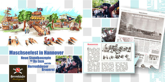 Layout, Skizzen, Eventdekoration, Herrenhäuser braurerei, Da Enzo, Piratenfest, Pressestimmern, Maschseefest Hannover, neues Standkonzept entwickelt, Eventdeko, Piratenflagge, , Besucher, Ansicht, Messe, Eventidee, Kinderspaß, Markerlayout, Pressetext