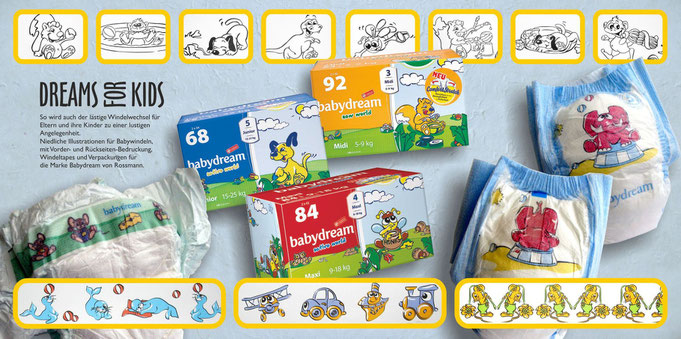 Gezeichnete kindgerechte Figuren, Comic, Babywindeln Verpackungen, niedlicher Elefant, diverse Tierzeichnungen, lustige Insektencomics, windeln, bedruckt, Produktdesign, verpackungsdesign, Eichhörnchenbild, Elefantenbild, Seehundzeichnung, Biene mit Honig