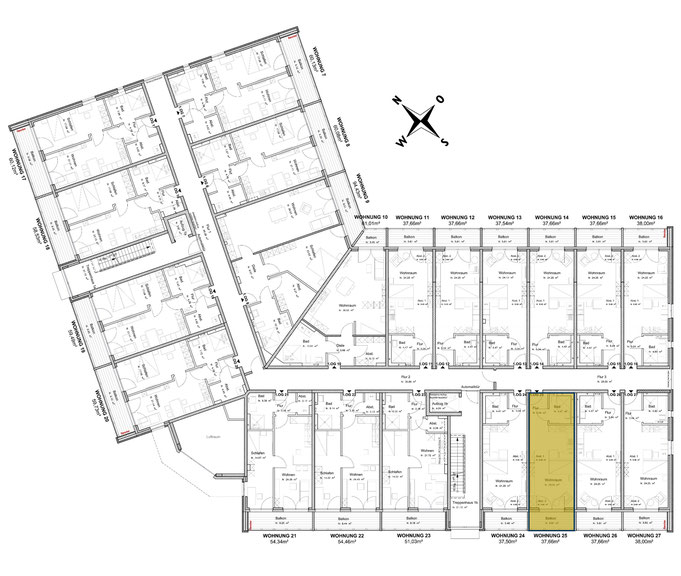 1. Obergeschoss (Wohnung 25 farblich unterlegt)