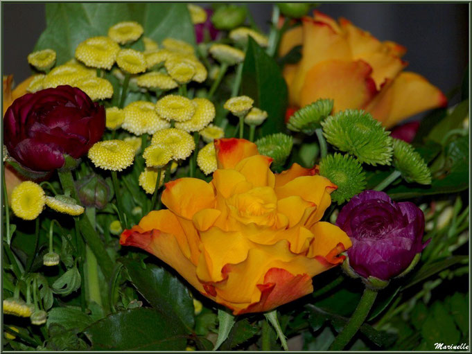 Bouquet jaune, orange et mauve