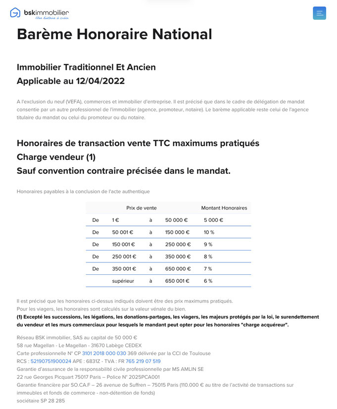 Barème National d'Honoraires.