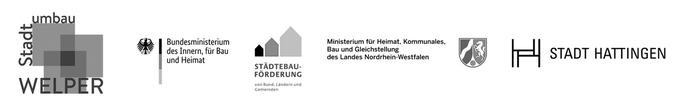 Logos der Unterstützer v.l.n.r.: Stadtumbau Welper, Bundesministerium des Innern, für Bau und Heimat, Städtebauförderung, Ministerium für Heimat, Kommunales Bau und Gleichstellung des Landes Nordrhein-Westfalen, Stadt Hattingen