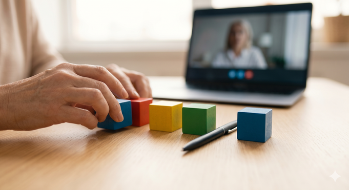 Systemische Selbstintegration online: Klient arbeitet haptisch mit roten, gelben, grünen und blauen Holzklötzchen und einem Stift als Grenze auf dem Tisch.
