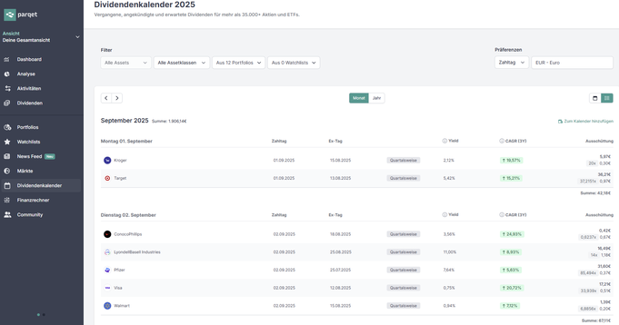 Screenshot aus dem Dividenden-Kalender von Parqet, Dividenden-Daten tabellarisch